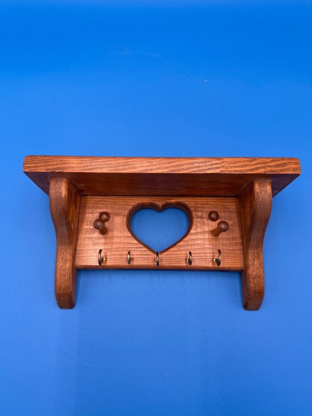 Vintage Wooden Wall Shelf Heart Cutout Wood Hooks Keys Cottagecore Grandmacore